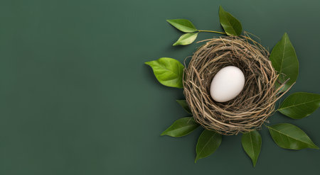 bird's nest with egg on green backgroundの素材