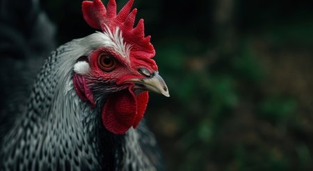 Close-up of a vibrant rooster with striking red comb and feathersの素材