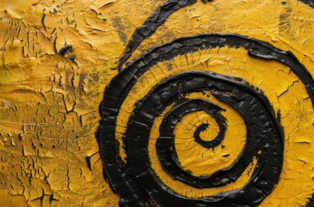 Abstract spiral pattern on cracked yellow surfaceの素材