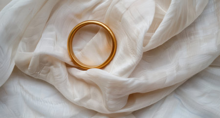 golden wedding ring on white fabricの素材