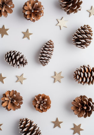 festive pine cones and golden stars on white backgroundの素材