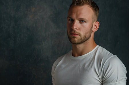 Serious young man with beard and blue eyesの素材