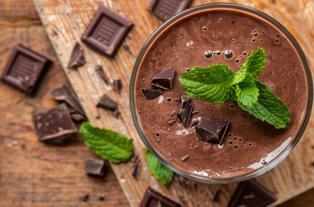 Delicious chocolate smoothie with mint leavesの素材