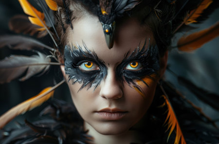 Dramatic fantasy makeup with feathersの素材