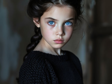 Pensive young girl with striking blue eyesの素材