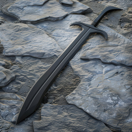 Black metal sword on rocky surfaceの素材
