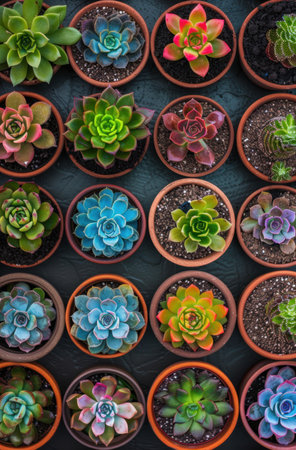 Colorful succulent plants in potsの素材