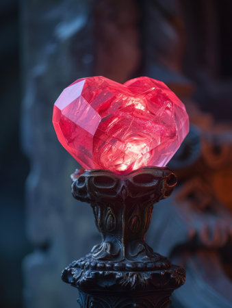 Glowing red crystal heart on dark backgroundの素材