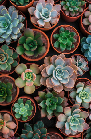Assorted succulent plants in terracotta potsの素材