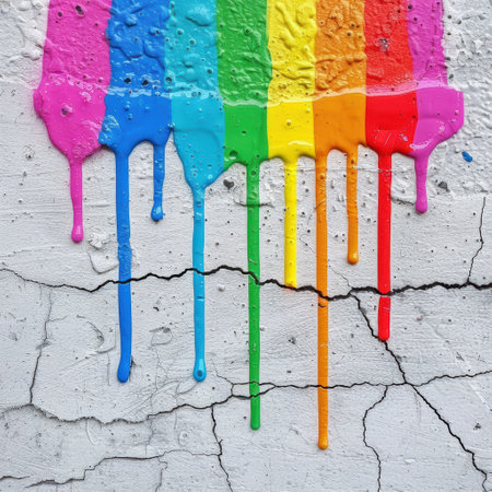 Colorful paint drippings on a cracked concrete wallの素材