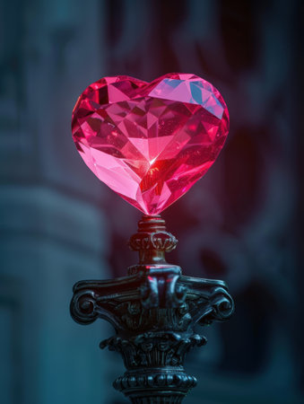 Vibrant heart-shaped crystal on ornate standの素材