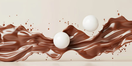 Flowing chocolate waves with white spheresの素材