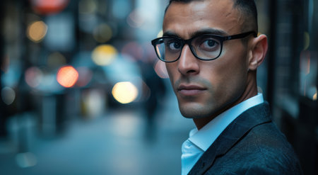 Thoughtful businessman in the city at nightの素材