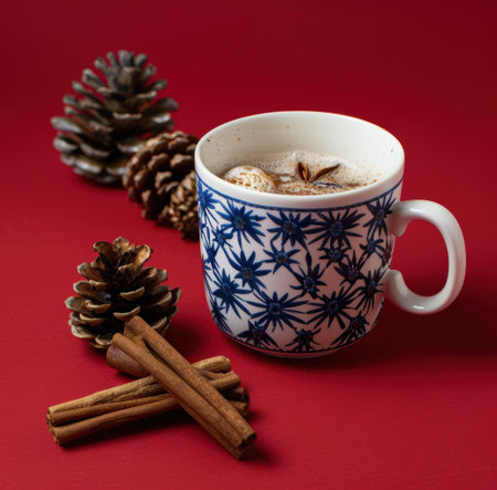 cozy winter drink with cinnamon sticks and pine conesの素材