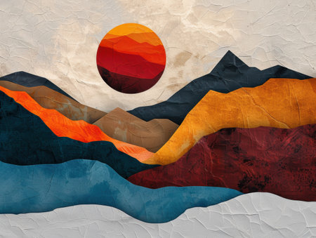 Vibrant sunset landscape with mountains and valleysの素材