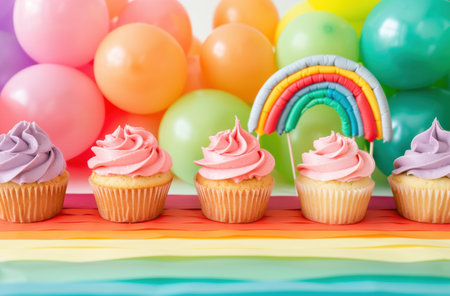 Colorful birthday party cupcakes and balloonsの素材