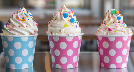 colorful cupcakes in polka dot cupsの素材
