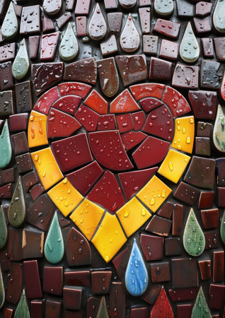 Colorful mosaic heart with water dropletsの素材