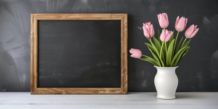 Wooden frame and pink tulips on a black backgroundの素材