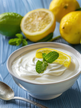 creamy lemon dessert with mint garnishの素材