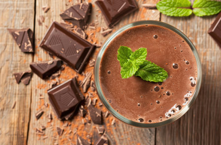 Delicious chocolate smoothie with mint garnishの素材