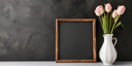 Elegant tulips and empty wooden frame on dark backgroundの素材