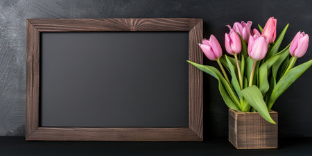 pink tulips in wooden frame on black backgroundの素材