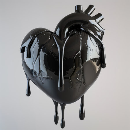 Black heart sculpture dripping with black liquidの素材