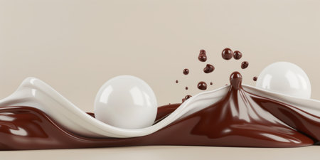 Chocolate and white spheres flowing on abstract surfaceの素材