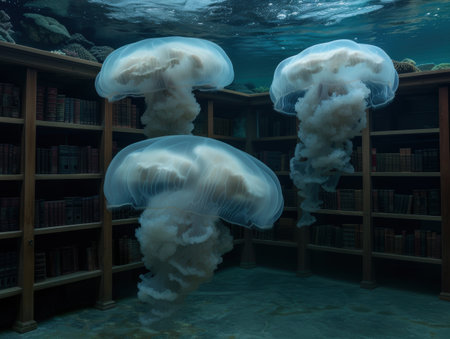 Surreal underwater library with jellyfishの素材