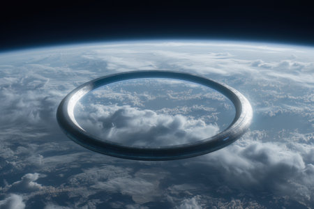 futuristic space station window overlooking earthの素材