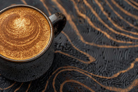 Closeup of a frothy coffee drink on a textured wooden surfaceの素材