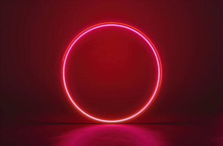 Glowing neon circle on red backgroundの素材