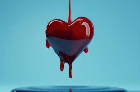Dripping red heart shape on blue backgroundの素材