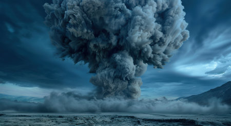 Dramatic volcanic eruption with towering plume of ash and smokeの素材