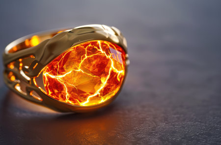 Glowing amber crystal in metal settingの素材