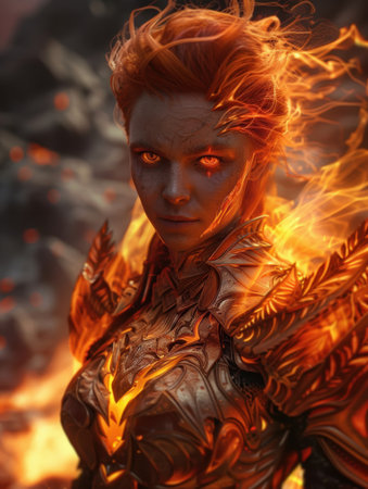 Fiery fantasy warrior in battleの素材