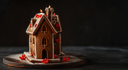 Gingerbread house with lit candles on a dark backgroundの素材