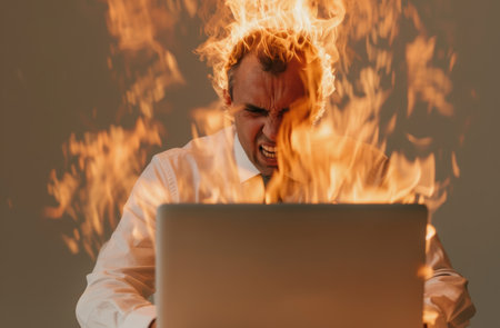 angry businessman with burning hair using laptopの素材