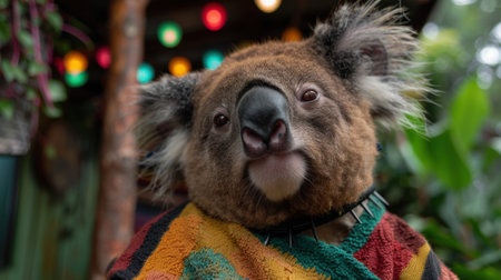 Adorable koala wrapped in colorful blanketの素材
