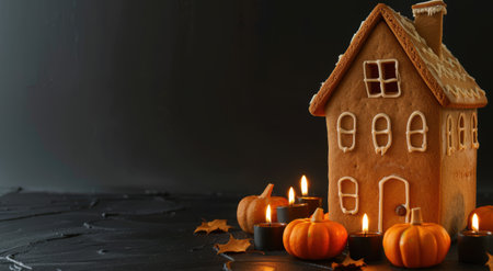Cozy gingerbread house with candles and pumpkinsの素材
