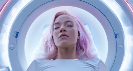 woman with pink hair in futuristic medical machineの素材