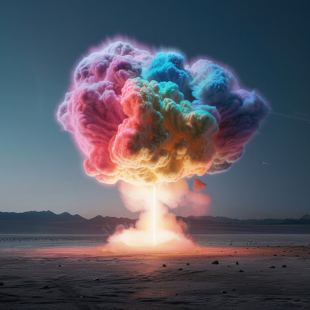 Colorful explosion of smoke and light over a lakeの素材