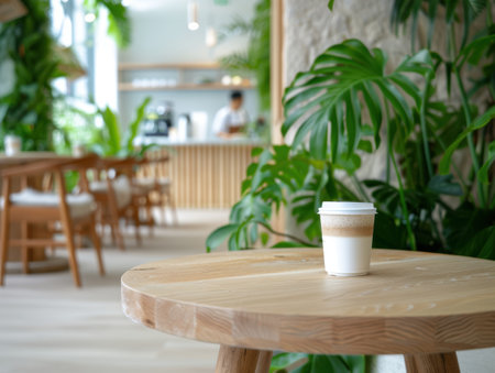 cozy cafe with tropical plants and coffee drinkの素材