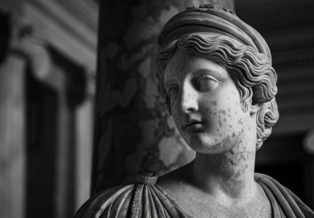 Weathered stone statue with intricate facial featuresの素材