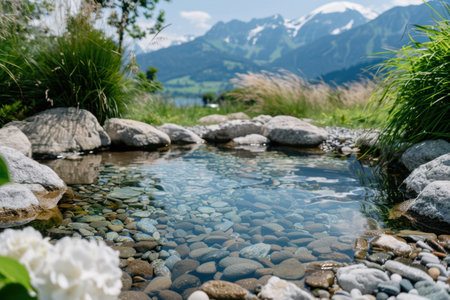 Peaceful mountain stream with rocky shoreの素材
