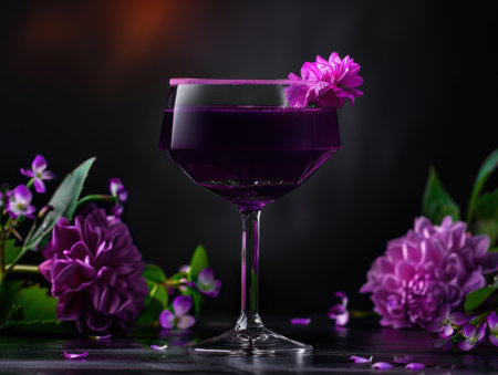 Elegant purple cocktail with flower garnishの素材