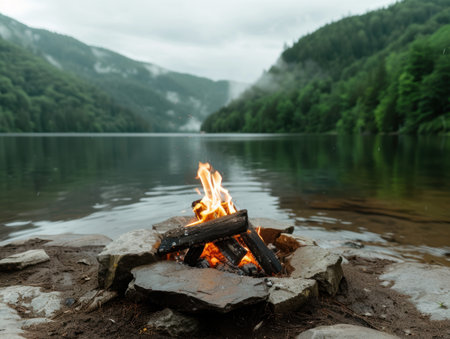 Cozy campfire by serene mountain lakeの素材
