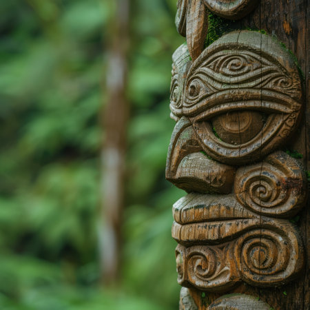 Carved wooden totem pole in lush forestの素材