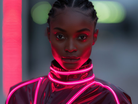 futuristic portrait of a woman with neon lightingの素材